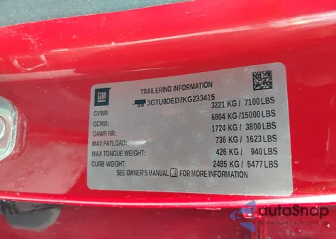 2019 GMC Sierra 1500 Slt z USA, uszkodzony, nr VIN 3GTU9DED7KG233415